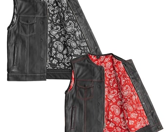 Gilet da motociclista in vera pelle di vacchetta da uomo, stile club, con stampa Paisley, con trasporto nascosto, in pelle da motociclista, fatto a mano