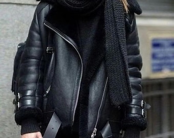 Frauen schwarze Shearling Lederjacke Fliegerpilot RAF B3 Bomberjacke, schwarze Pelzjacke, Shearling Schaffellmantel, handgefertigter Damenmantel
