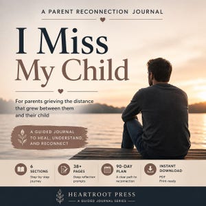 Könnte beinhalten: Ein Journal mit dem Titel "I Miss My Child" für Eltern. Das Cover zeigt eine Person, die auf einem Steg sitzt und einen See bei Sonnenuntergang überblickt. Das Journal enthält 6 Abschnitte, über 38 Seiten und einen 90-Tage-Plan. Sofortiger Download.