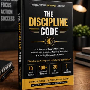 Könnte beinhalten: Ein Hardcover-Buch mit dem Titel "The Discipline Code" mit schwarzem Einband und goldfarbener Schrift. Das Buchcover enthält den Text "Your Blueprint for Unstoppable Excellence" und Details zum Inhalt des Buches, einschließlich 10 Kapitel und 100+ Strategien.