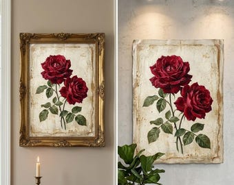 Lámina de pintura al óleo de rosa roja vintage | Arte mural botánico antiguo | Decoración floral melancólica en lienzo | Póster de rosa carmesí oscuro | Flores estilo cottagecore