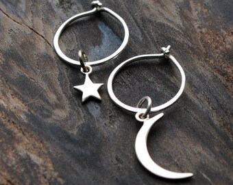 Crescent Moon and Star Small Hoop Earrings with Charms - Celestial Jewelry - Sterling Silver