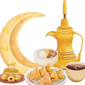 May include: A gold crescent moon with intricate designs, a gold teapot with a spout, a bowl of white pudding with pink rose petals, a plate of small round pastries, and a cup of dark tea on a white background.