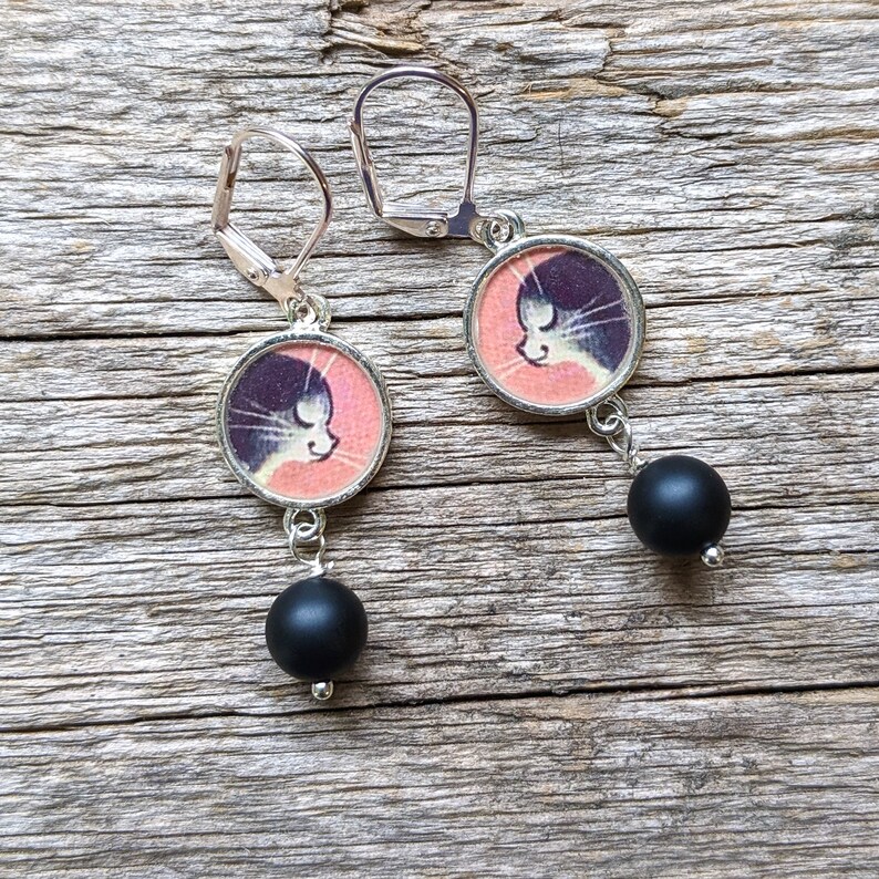 Retro Tuxedo Cat and Onyx Gemstones Earrings Cat Earrings