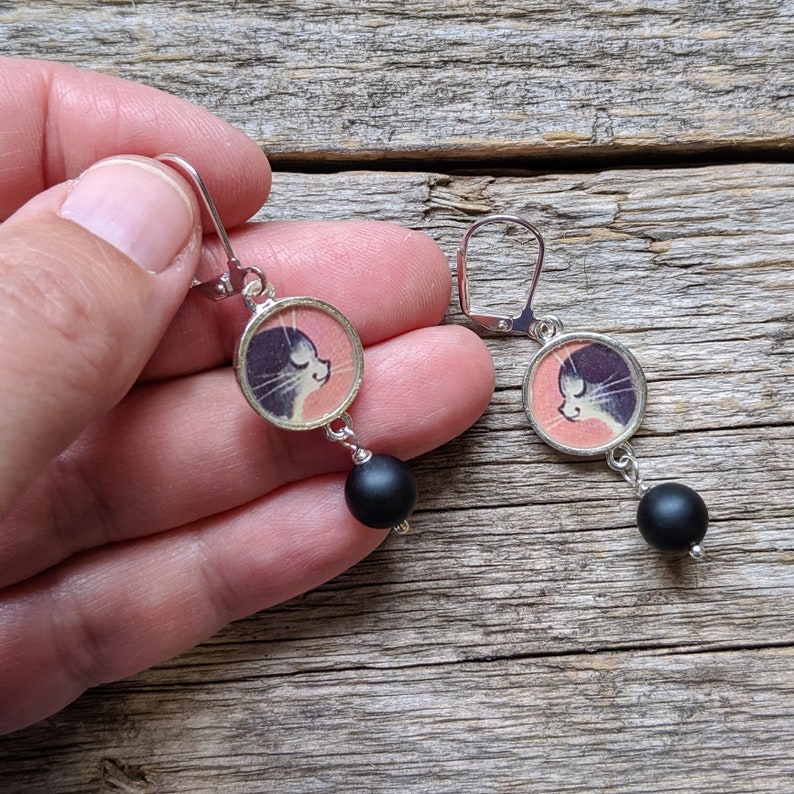Retro Tuxedo Cat and Onyx Gemstones Earrings Cat Earrings