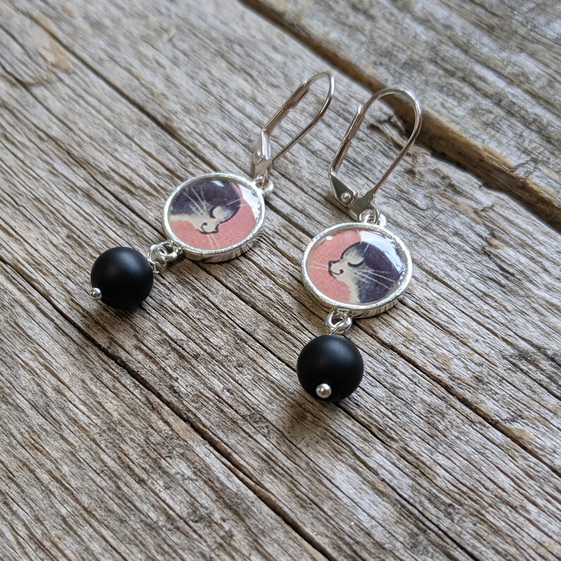 Retro Tuxedo Cat and Onyx Gemstones Earrings Cat Earrings