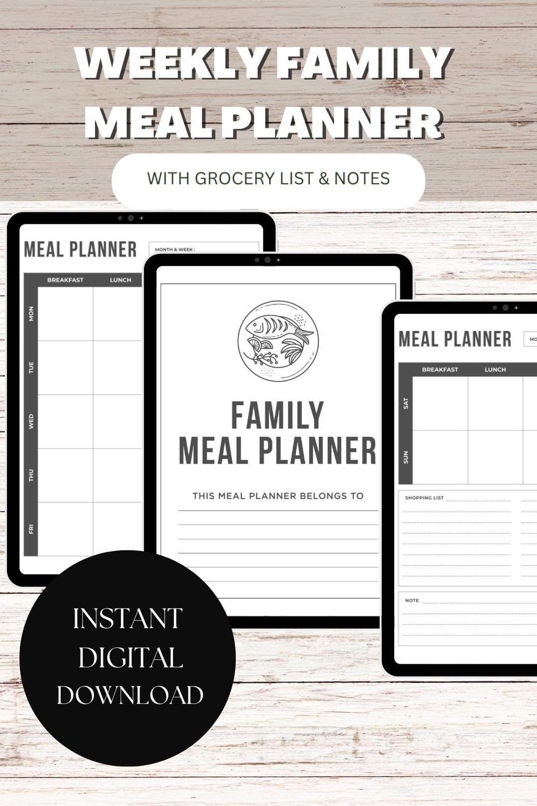 Weekly Family Meal Planner Template With Grocery Shopping List Digital ...