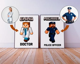 Custom Profession Pixel Art Poster, Blocky Style Portrait from Photo, Doctor Police Officer Nurse Gift, Voxel Character Wall Art, Best Gift