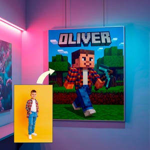 Póster de pixel art personalizado para niños, decoración de habitación gamer estilo bloques, impresión de personaje vóxel a partir de una foto, arte de pared inspirado en un juego de sandbox, regalo
