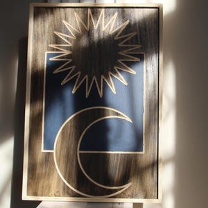 Sun and Moon Wood Wall Art Framed, Mid Century Modern Abstract Art, Decorative Minimalist Boho Wall Art Design, Celestial Art, House Warming