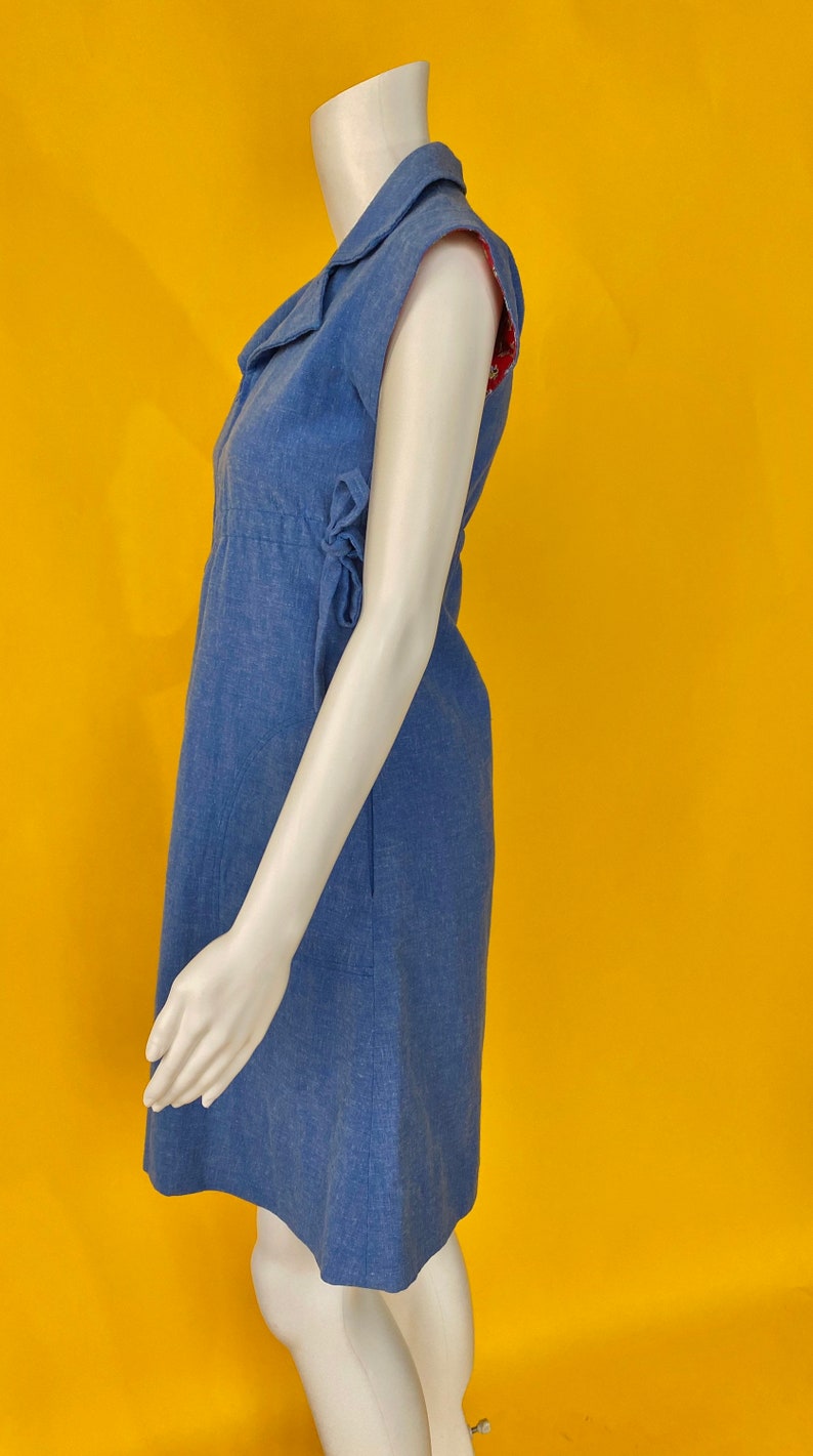 60\u2019s 70\u2019s vintage chambray denim dress blue jean baby dagger collar empire waist babydoll style mini dress with pockets summer style XS S