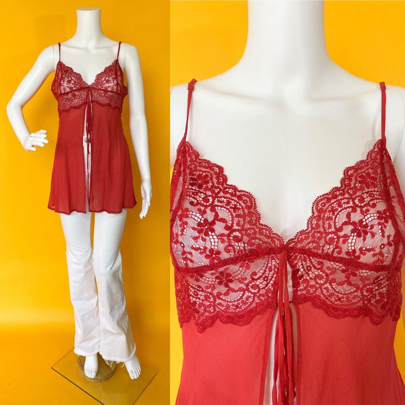 2000s Y2K red lace babydoll camisole teddie tunic blouse top Etsy
