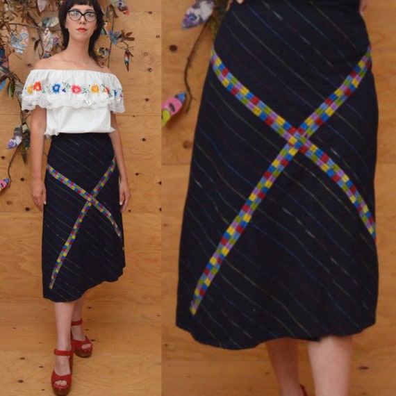 vintage 70's embroidered wrap skirt dark denim rai