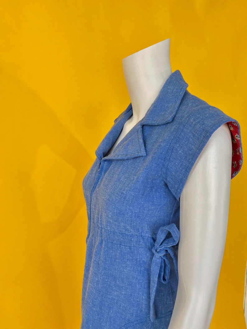 60\u2019s 70\u2019s vintage chambray denim dress blue jean baby dagger collar empire waist babydoll style mini dress with pockets summer style XS S