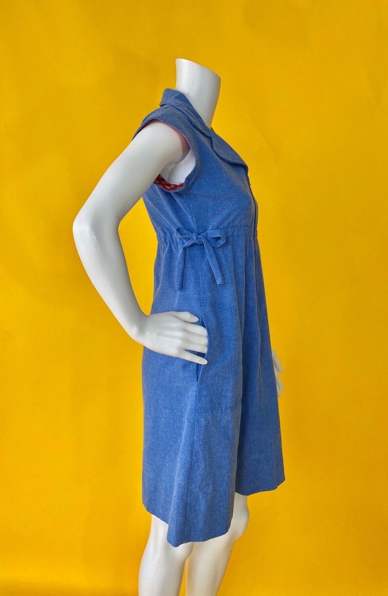 60\u2019s 70\u2019s vintage chambray denim dress blue jean baby dagger collar empire waist babydoll style mini dress with pockets summer style XS S
