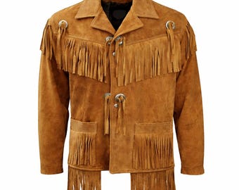 Men’s Brown Suede Fringe Leather Jacket – Handmade Western Cowboy Coat