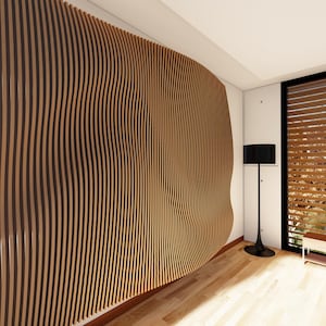 May include: A modern interior design with a wooden wall panel featuring a wavy pattern. The wall panel is made of thin, vertical wooden slats. The room has a large window with blinds and a floor lamp.