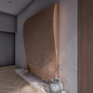 May include: Interior design rendering featuring a wooden wall panel with a curved design. The panel is made of vertical wooden slats. A stone shelf holds decorative vases. The image includes the text "RENITY HOUSE PLANS" and DXF and PDF icons.