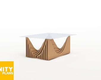May include: A wooden coffee table with a glass top. The table has a unique design with curved lines and a layered base.