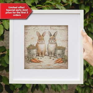 May include: A framed print featuring two bunnies sitting side-by-side. The bunnies are light brown and gray, with long ears and fluffy fur. They are positioned in front of two metal buckets filled with greenery and several orange carrots. The frame is white, and the image has a rustic aesthetic.
