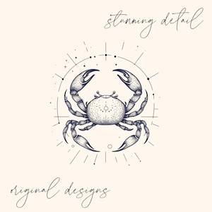 May include: A detailed illustration of a crab, a Cancer zodiac symbol, in dark blue ink. The crab is centered, surrounded by a circular design with star-like elements. The words "stunning detail" and "original designs" are written in cursive.