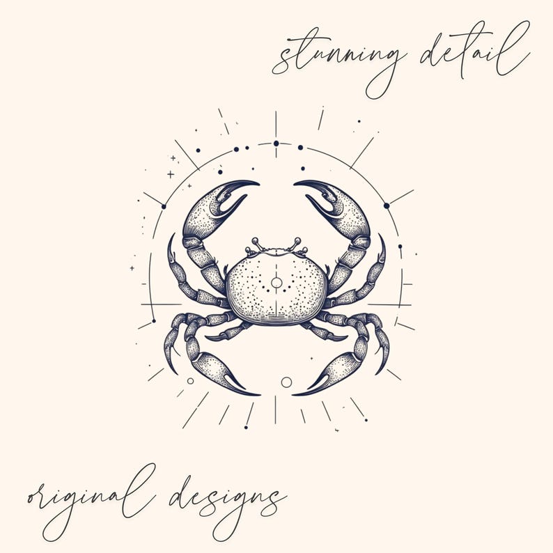 May include: A detailed illustration of a crab, a Cancer zodiac symbol, in dark blue ink. The crab is centered, surrounded by a circular design with star-like elements. The words "stunning detail" and "original designs" are written in cursive.