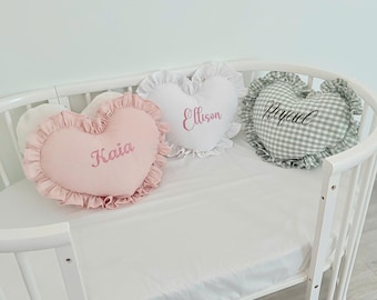 Custom Embroidered Linen Heart Pillow | Ruffled Nursery Cushion