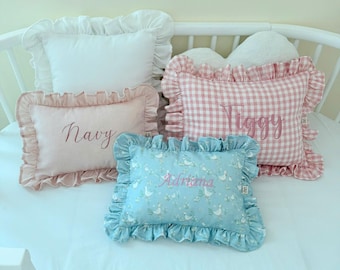 Custom Embroidered Baby Name Pillow with Ruffles | Personalized Nursery Cushion | Baby Shower Gift | Newborn Gift