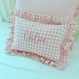 Custom embroidered baby name cushion in soft linen 2