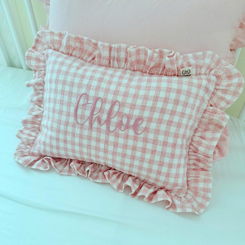 Custom embroidered baby name cushion in soft linen 2