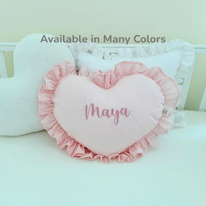 Personalized Heart Pillow with Ruffles, Custom Embroidered Name Cushion, Baby Shower Gift, Nursery Decor, Keepsake Pillow in Many Colors