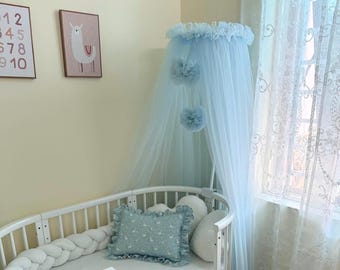 Blue Baby Crib Canopy With Poms Poms, Nursery Nook Baldachin, Kids Play Tent, Baby Shower Gift