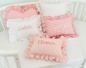 Custom Name Baby Pillow With Ruffles | Handmade Linen Baby Cushion, Newborn & Keepsake Gift