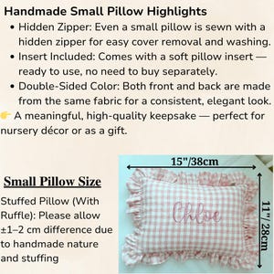 Detailed highlights of linen texture, name embroidery & ruffle trim