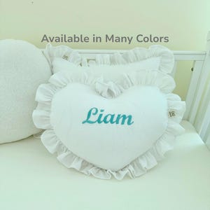 Personalized Linen Heart Pillow: Embroidered Name, Ruffled Nursery Decor