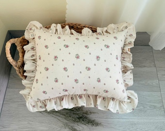 Linen Beige Floral Ruffle Pillow, Cottagecore Farmhouse Cushion, Spring and Fall Throw Pillow, Nursery and Sofa Decor, Gift for Her
