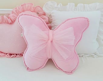 Handmade Butterfly Nursery Pillow – Soft Velour Cushion, Baby Girl Shower Gift