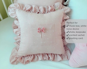 Ruffled Linen Pillow with Pocket for Music Box, Keepsakes – Handmade Nursery Cushion, Baby Shower Gift, Vintage Decor