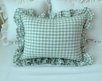 Green Gingham Pillow, Ruffle Linen Cushion, Cottagecore Cushion, Farmhouse Accent Pillow, Nursery Decorative Pillow, Baby Room Decoration