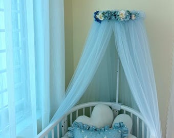 Blue Floral Baby Canopy: Handmade Crib Baldachin, Nursery Decor