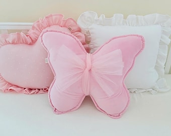 Pink Butterfly Pillow for Baby Girl Nursery | Handmade Velour Cushion, Baby Shower Gift