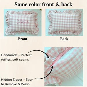 Front/back view of handmade linen ruffle pillow with hidden zipper
