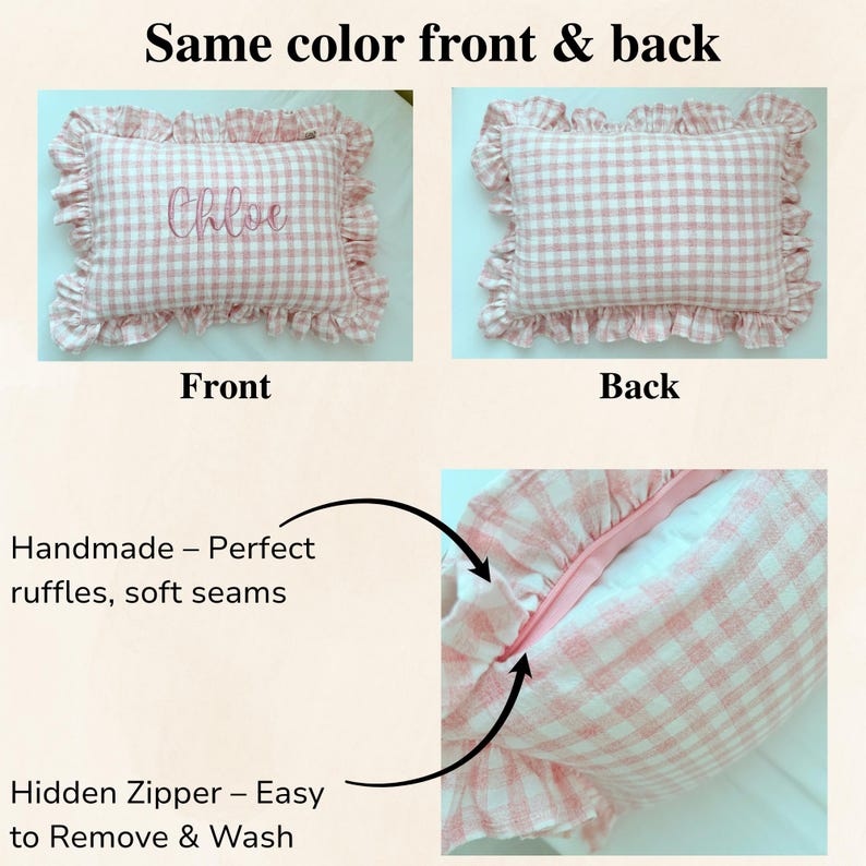 Front/back view of handmade linen ruffle pillow with hidden zipper