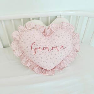 Handmade Linen Heart Pillow with Ruffles, Personalized Baby Name Cushion, Nursery Decor, Baby Shower Gift