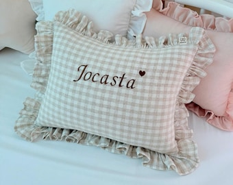 Personalized Linen Ruffle Baby Pillow with Name – Custom Embroidered Nursery Cushion & Decor, Personalized Birthday Gift, Handmade Keepsake