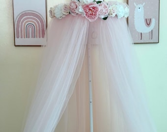 Handmade Baby Crib Canopy with Flower, Bed Canopy, Nursery Decor, Baby Shower Gift