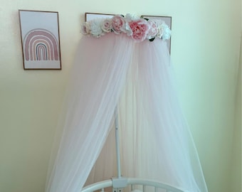 Pink Baby Crib Canopy with Flower, Nursery Bed Baldachin