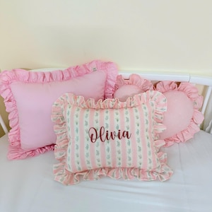 Custom Baby Name Pillow With Ruffle, Custom Embroidered Cushion, Nursery & Kids Room Décor, Baby Shower Keepsake, Vintage Handmade Gift