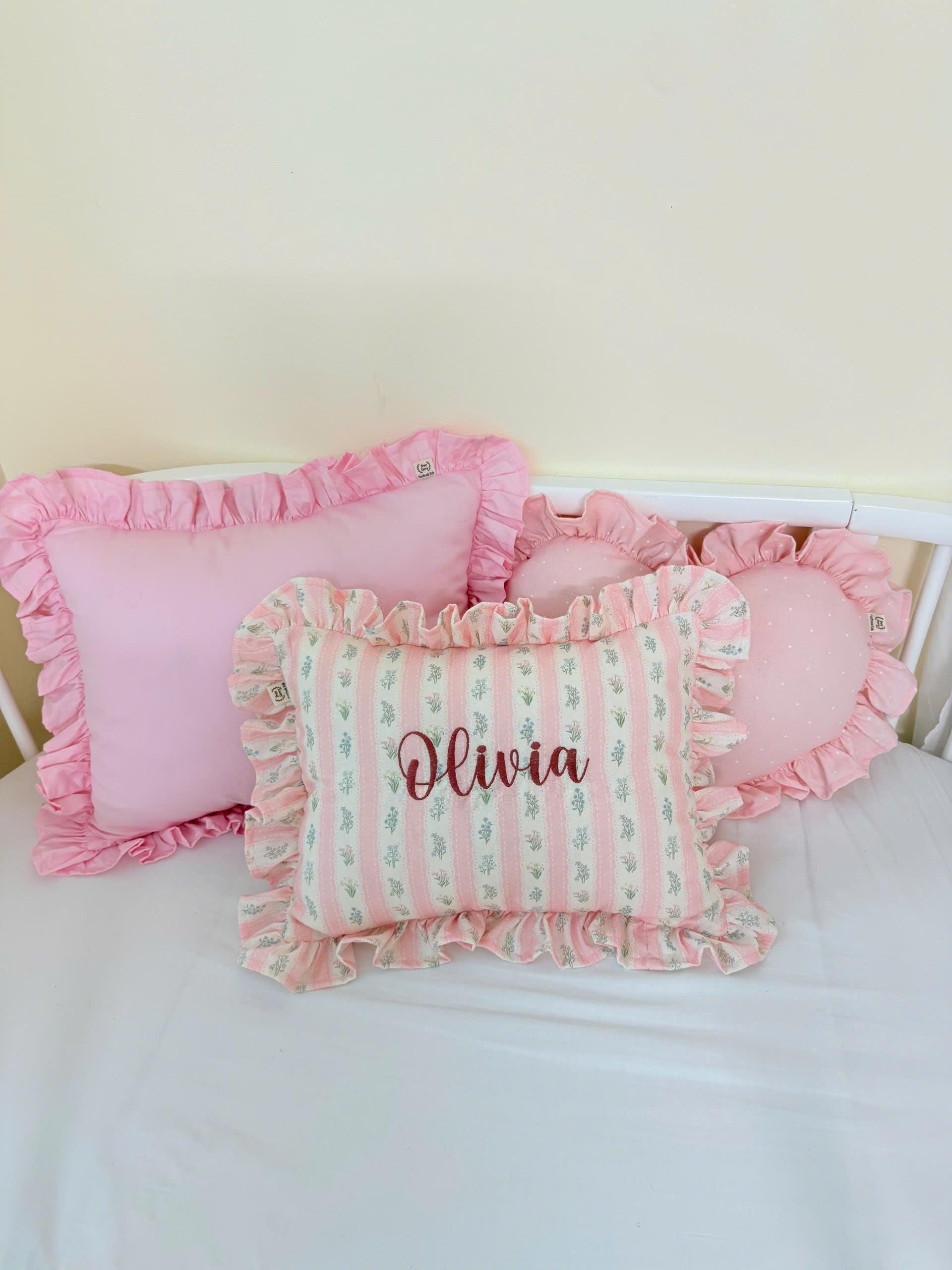Custom Baby Name Pillow With Ruffles, Custom Embroidered Cushion, Nursery & Kids Room Decor, Baby Shower Keepsake, Vintage Handmade Gift