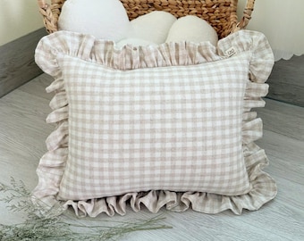 Ruffled Linen Pillow – Beige Checked Plaid, Handmade Cushion for Sofa, Bed, Nursery & Baby Shower Gift